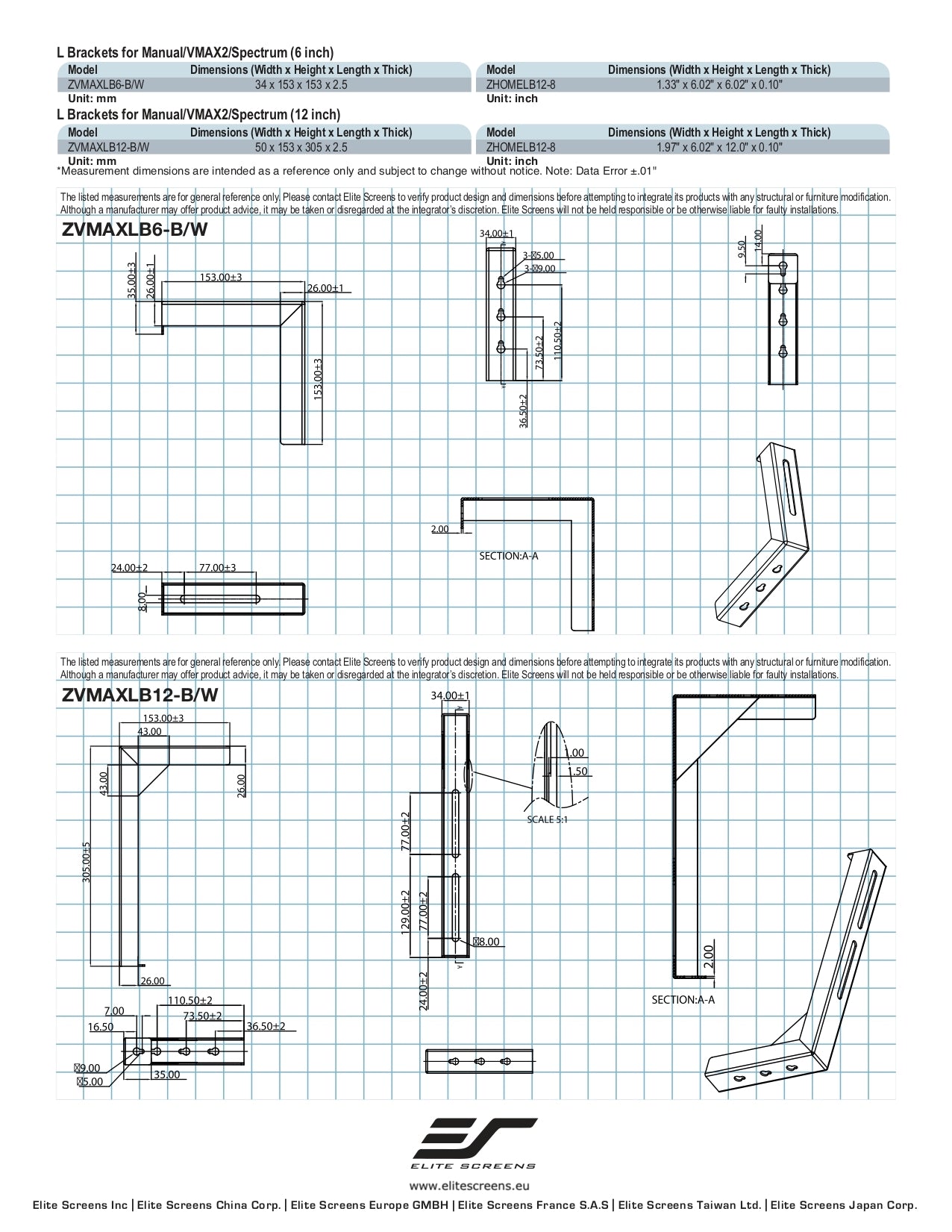 WALL SPACERS - L BRACKETS ZVMAXLB12-B